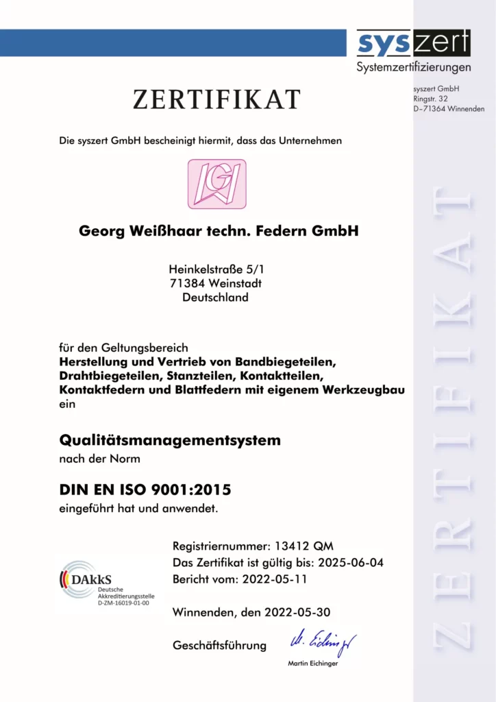 Zertifikat zum Qualitätsmanagementsystem der Georg Weisshaar techn. Federn GmbH