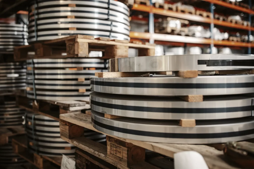 Aufgerollte Metallbänder in verschiedenen Größen im Materiallager