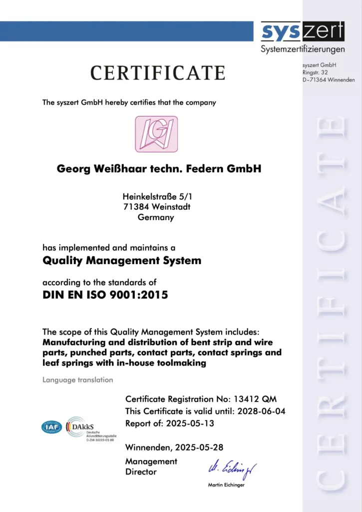 Zertifikat zum Qualitätsmanagementsystem der Georg Weisshaar techn. Federn GmbH